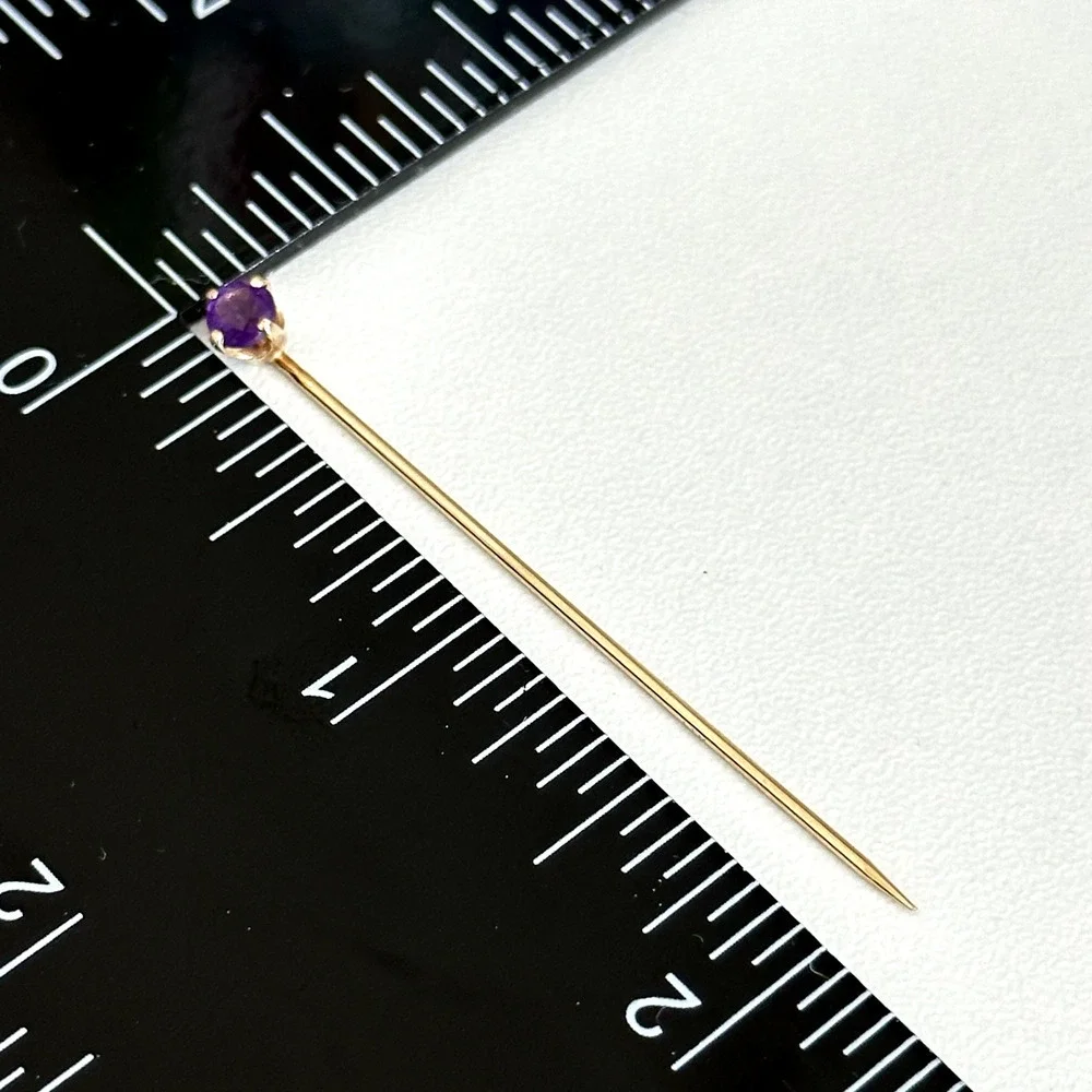 14K Yellow Gold Genuine Amethyst Gemstone Ladies Slim Stick Pin 2